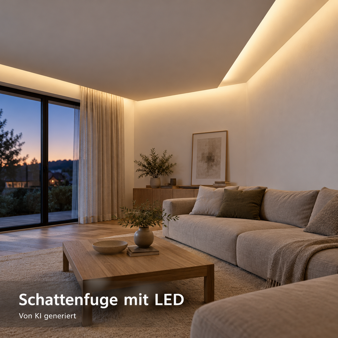 Schattenfuge mit verdecktem LED-Licht im Wohnzimmer – von KI generiert