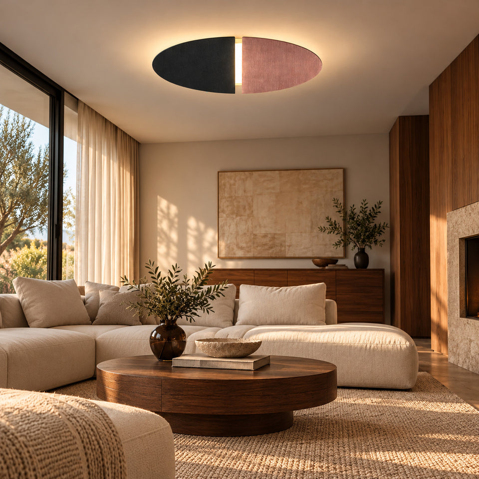 AI-generated interior example: Braga ACTO Round ceiling light in a living room, black/brushed rose. Sliding version with direct and indirect light. Schematic lighting effect.